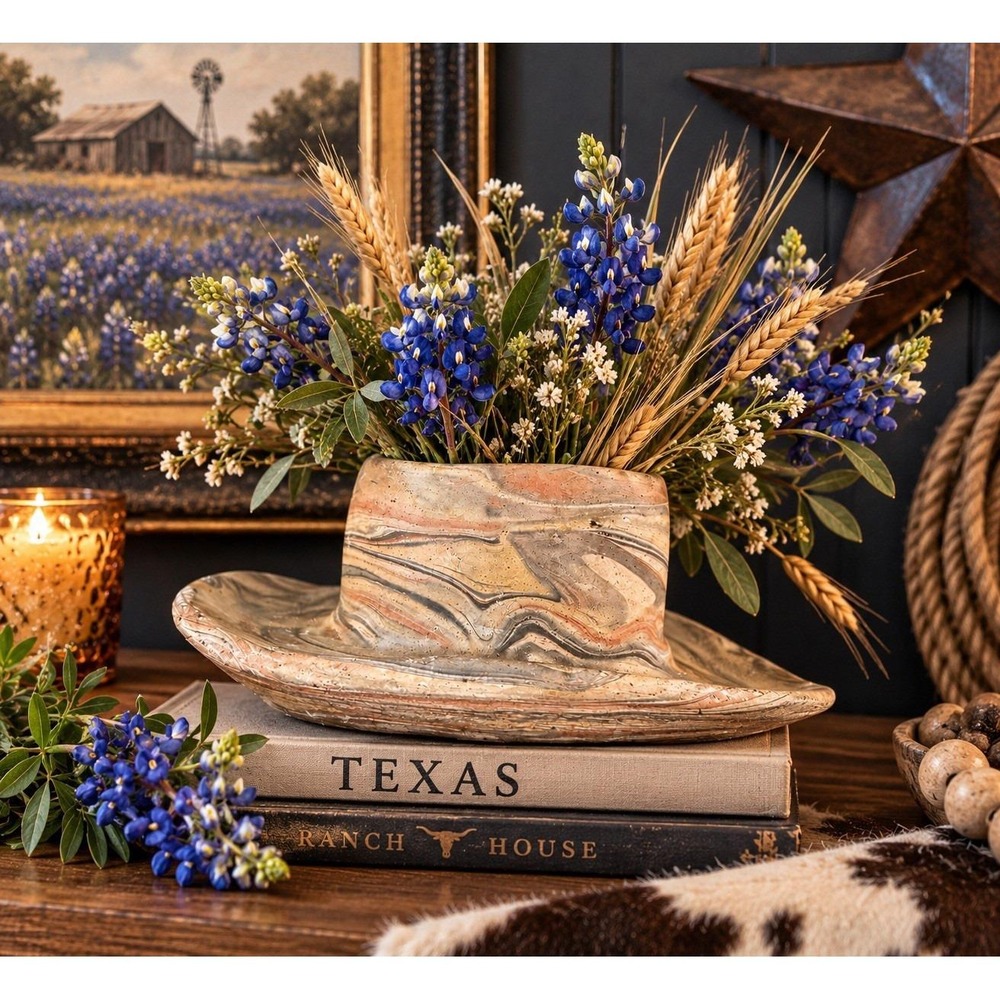 VTG Comanche Pottery Cowboy Hat Planter Texas Swirl Western Southwestern Decor